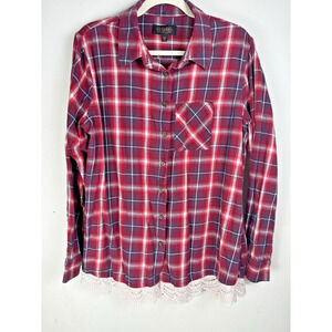 Shyanne Red Plaid Crochet Lace Trim Country Western Cowgirl Long Sleeve Flannel